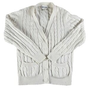 Daniel Caron Cable Knit Cardigan Sweater White Cotton Women's Small